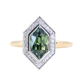 2.17ct Elongated Madagascar Teal Green Sapphire Bezel Set Diamond Halo Ring in Two-tone Platinum and Yellow Gold