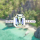 1.14ct Emerald Cut Parti Montana Sapphire Low Profile Bezel Solitaire Ring with Pavé Set Diamonds in 14k Green Gold