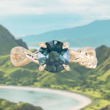 2.08ct Untreated Round Teal Sapphire Twisted Vine Split Shank Solitaire in 14k Yellow Gold with Diamonds