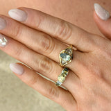 2.07ct Untreated Glowy Teal Madagascar Pear Sapphire and Trillion Grey Diamonds Low Profile Three Stone Ring in 18k Yellow Gold