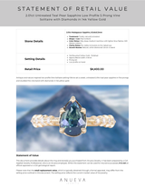 2.01ct Untreated Teal Pear Sapphire Low Profile 5 Prong Vine Solitaire with Diamonds in 14k Yellow Gold