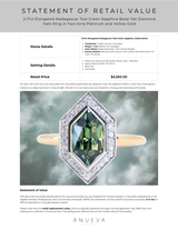2.17ct Elongated Madagascar Teal Green Sapphire Bezel Set Diamond Halo Ring in Two-tone Platinum and Yellow Gold