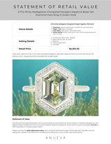 2.17ct Minty Madagascar Elongated Hexagon Sapphire Bezel Set Diamond Halo Ring in Green Gold