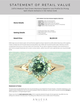 2.67ct Medium Teal Green Montana Sapphire Low Profile Six Prong Split Shank Solitaire in 14k Yellow Gold