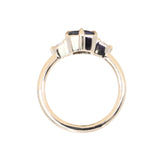 1.50ct Untreated Fantasy Cut Tanzanian Sapphire and Diamond Milgrain Three Stone Low Profile Ring in 14k Yellow Gold