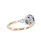 2.15ct Oval Australian Sapphire and Natural Kite Diamond Three Stone Ring in Two Tone 18k Yellow and Platinum