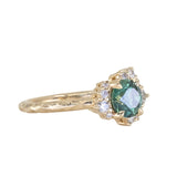 1.15ct Round Teal Montana Sapphire and Diamond Asymmetrical Cluster Ring in 14k Yellow gold with Evergreen Texture