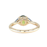 1.61ct Oval Madagascar Parti Sapphire and Trillion Sapphire Three Stone Low Profile Ring in 14k Yellow Gold