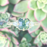2.22ct Opalescent Square Radiant Madagascar Sapphire and Trillion Sapphire Antique Compass Set Low Profile Ring in 14k Green Gold