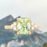 3.14ct Light Bright Green Untreated Radiant Cut Sapphire and Diamond Cluster Ring in 14k Yellow Gold