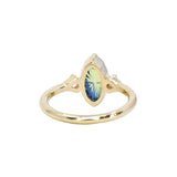 1.85ct Parti Australian Fantasy Cut Sapphire and White Australian Kite Sapphire Antique Milgrain Three Stone Low Profile Ring in 18k Yellow Gold