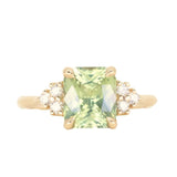 3.14ct Light Bright Green Untreated Radiant Cut Sapphire and Diamond Cluster Ring in 14k Yellow Gold