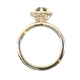 1.70ct Untreated Radiant Cut Vibrant Teal Green Sapphire Antique-Style Diamond Halo Ring in 14 Yellow Gold