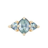 1.74ct Untreated Marquise Montana Sapphire and Trillion Sapphire Three Stone Antique Style Compass Setting with Milgrain Low Profile in 14k Yellow Gold