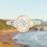 1.59ct Modern Old Mine Cut Oval GIA Diamond Three Stone Ring with Trillion Side Diamonds Compass Set Low Profile Milgrain Antique Ring in 14K Yellow Gold