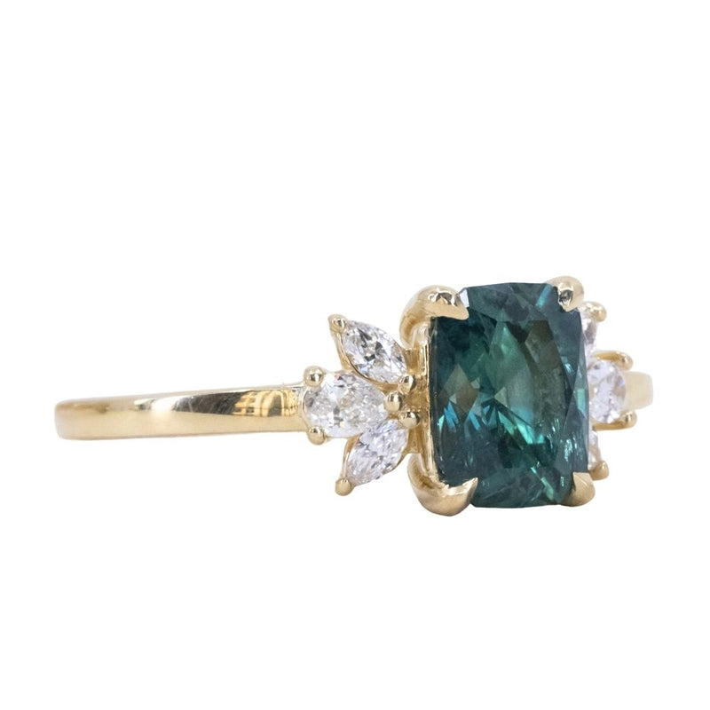 1.67ct Radiant Cut Deep Teal Blue Montana Sapphire and Lab Grown Marquise Diamond Cluster Ring in 14k Yellow Gold