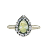 1.11ct Rosecut Pear Australian Green Sapphire and Antiqued Diamond Halo ring in 14k White Gold