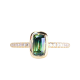 1.11ct Elongated Cushion Australian Parti Sapphire Low Profile Bezel Solitaire Ring with Pavé Set Diamonds in 14k Yellow Gold