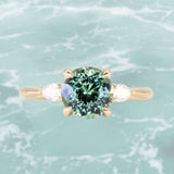 2.35ct Round Unheated Montana Sapphire and Natural Pear Diamond Three Stone Low Profile Ring in 14k Yellow Gold