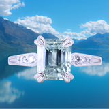 3.84ct Emerald Cut Unheated Light Aqua Blue Montana Sapphire Double Claw Prong Low Profile Milgrain and Diamond Vintage Cathedral Wedding Set in Platinum