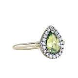 1.11ct Rosecut Pear Australian Green Sapphire and Antiqued Diamond Halo ring in 14k White Gold