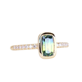 1.11ct Elongated Cushion Australian Parti Sapphire Low Profile Bezel Solitaire Ring with Pavé Set Diamonds in 14k Yellow Gold