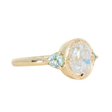 1.59ct Modern Old Mine Cut Oval GIA Diamond Three Stone Ring with Trillion Side Diamonds Compass Set Low Profile Milgrain Antique Ring in 14K Yellow Gold