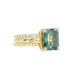 4.58ct Emerald Cut Teal Sapphire Triple Band with Diamonds and Evergreen Texture 4 Prong Low Profile Ring in 18k Yellow Gold