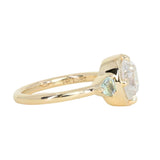 1.59ct Modern Old Mine Cut Oval GIA Diamond Three Stone Ring with Trillion Side Diamonds Compass Set Low Profile Milgrain Antique Ring in 14K Yellow Gold
