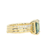 4.58ct Emerald Cut Teal Sapphire Triple Band with Diamonds and Evergreen Texture 4 Prong Low Profile Ring in 18k Yellow Gold