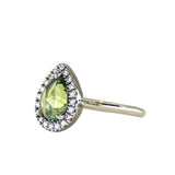 1.11ct Rosecut Pear Australian Green Sapphire and Antiqued Diamond Halo ring in 14k White Gold