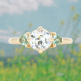 1.10ct Round Old European Cut Diamond and Trillion Madagascar Sapphire Antique Style Compass Set Low Profile Ring with Scallop Details in 14k Yellow Gold