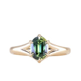 1.60ct Oval Australian Parti Sapphire Low Profile Six Prong Split Shank Solitaire in 14k Yellow Gold