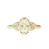 1.50ct Modern Old Mine Cut Oval Diamond Three Stone Ring with Trillion Side Diamonds Compass Set Low Profile Milgrain Antique Ring in 18K Yellow Gold