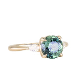 2.35ct Round Unheated Montana Sapphire and Natural Pear Diamond Three Stone Low Profile Ring in 14k Yellow Gold