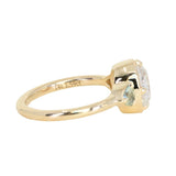 1.59ct Modern Old Mine Cut Oval GIA Diamond Three Stone Ring with Trillion Side Diamonds Compass Set Low Profile Milgrain Antique Ring in 14K Yellow Gold