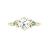 1.10ct Round Old European Cut Diamond and Trillion Madagascar Sapphire Antique Style Compass Set Low Profile Ring with Scallop Details in 14k Yellow Gold