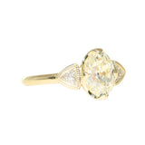 1.50ct Modern Old Mine Cut Oval Diamond Three Stone Ring with Trillion Side Diamonds Compass Set Low Profile Milgrain Antique Ring in 18K Yellow Gold