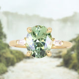 3.50ct Oval Untreated Montana Sapphire and Tapered Baguette Diamond Stackable 4 Prong Ring With Euro Shank in 18k Yellow Gold