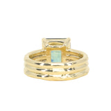4.58ct Emerald Cut Teal Sapphire Triple Band with Diamonds and Evergreen Texture 4 Prong Low Profile Ring in 18k Yellow Gold
