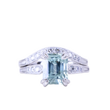 3.84ct Emerald Cut Unheated Light Aqua Blue Montana Sapphire Double Claw Prong Low Profile Milgrain and Diamond Vintage Cathedral Wedding Set in Platinum