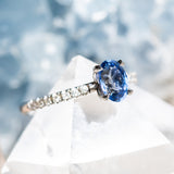 1.12ct Oval Periwinkle Blue Sapphire Solitaire with French Set Diamonds In 14K White Gold