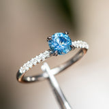 0.96ct Round Blue Sapphire Solitaire with French Set Diamonds In 14K White Gold