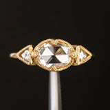 1.01ct Rosecut Three Stone Ring with Trillion Side Diamonds Compass Set Low Profile Milgrain Antique Ring in 18K Yellow Gold