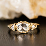 1.01ct Rosecut Three Stone Ring with Trillion Side Diamonds Compass Set Low Profile Milgrain Antique Ring in 18K Yellow Gold