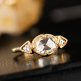 1.01ct Rosecut Three Stone Ring with Trillion Side Diamonds Compass Set Low Profile Milgrain Antique Ring in 18K Yellow Gold