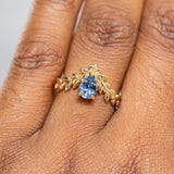 0.85ct Blue Pear Sapphire Pointed Vine Prong Set Ring in 14k yellow gold