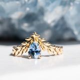 0.85ct Blue Pear Sapphire Pointed Vine Prong Set Ring in 14k yellow gold