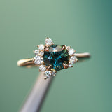 1.78ct Round Teal Madagascar Sapphire and Diamond Asymmetrical Cluster Ring in 14k Yellow Gold
