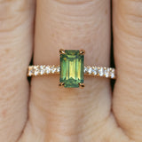 1.67ct Emerald Cut Green Opalescent Sapphire Hidden Halo Solitaire with French Set Diamonds in 18k Yellow Gold
